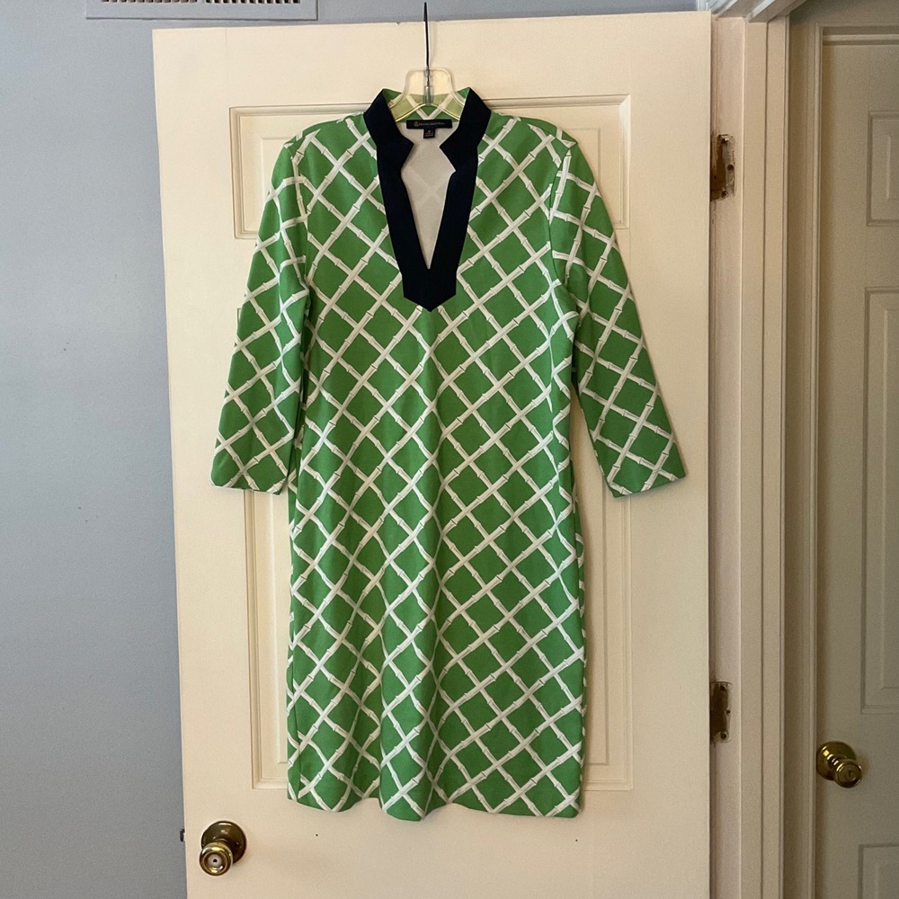 Brooks Brothers Ponte Mock Neck Printed Dress Green Bamboo  Medium preppy